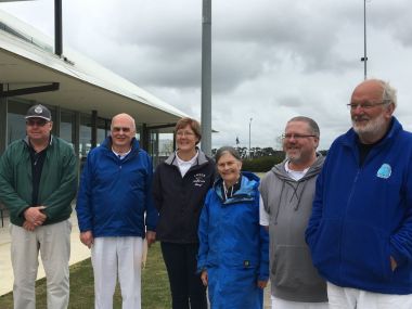 AC Handicap Tournament 2016: winners and second placegetters.
From left: Paul Lund (Williamstown), David Johnston (Ballarat Alexandra), Cheryl O'Dwyer (Yarrawonga), Reen Hancorne (Monash), Ian Petersen (Belmont), Mark Wilson (Brunswick).
Absent: Greg Hill (Brunswick), Roger Lee (Brighton). 
