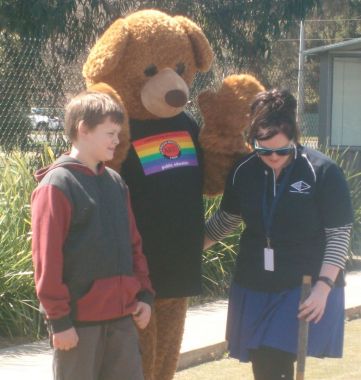 Teddy mascot. Teachers Games, croquet, Ballarat Alexandra, September 2017
