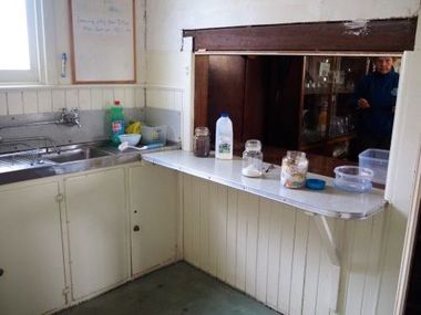 The club kitchen - time to renovate!
This is a "before" picture showing the servery and sink (cold water only). Renovation is now complete...

