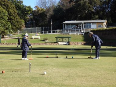 The clubhouse after the renovations, as seen from the lawns.
The new paths and handrails can be seen. Marion Webb and Peter Tilyard are in the foreground.
