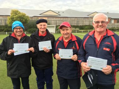 Morwell Doubles Golf Croquet Tournament 2016
Winners of Section 2 Mary Cornwall and Peter Eyre and Runners up of Section 1 Barry Lang and Colin Walker proudly display there winning certificates.  Well done to you all.
